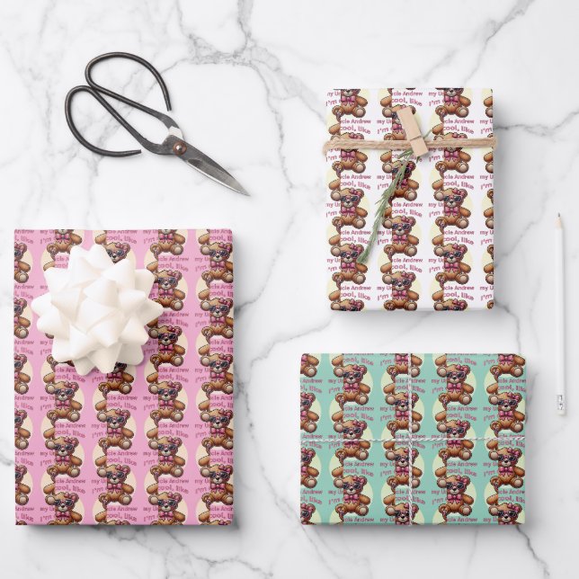 I'm Cool Teddy Bear with Pink Bow Customisable Wrapping Paper Sheet (Front)