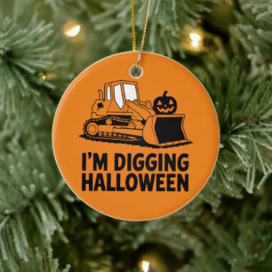 I'm Digging Halloween Pumpkin Face Tractor Kids Ceramic Tree Decoration