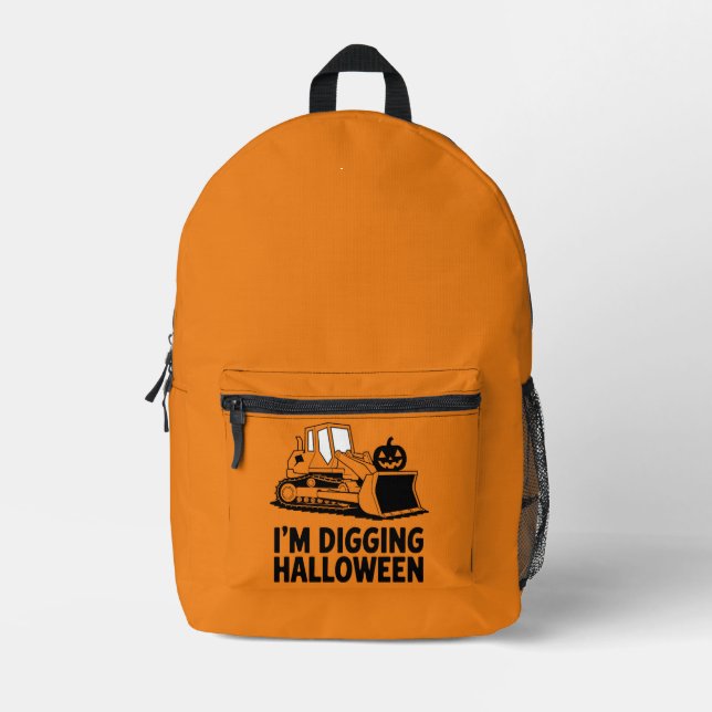 I'm Digging Halloween Pumpkin Face Tractor Kids Printed Backpack (Front)