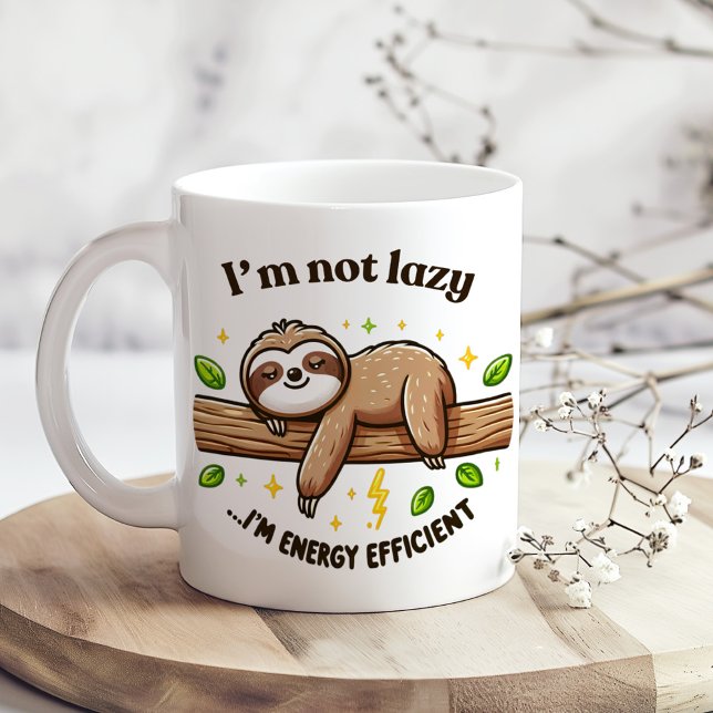 "I'm Energy Efficient" Cute Funny Sarcastic Sloth Coffee Mug ("I'm Energy Efficient" Cute Funny Sarcastic Sloth Coffee Mug on a boho kitchen table with flowers)
