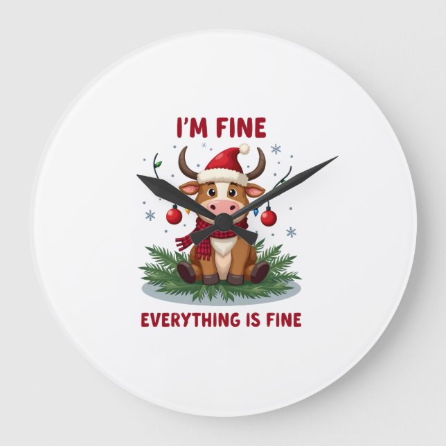 I'm Fine Everything is Fine Christmas Highland Cow Large Clock (Front)