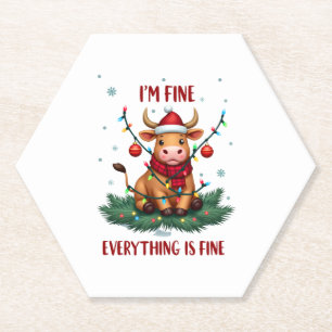 I'm Fine Everything is Fine Christmas Highland Cow Paper Coaster