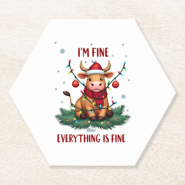 I'm Fine Everything is Fine Christmas Highland Cow Paper Coaster (Front)