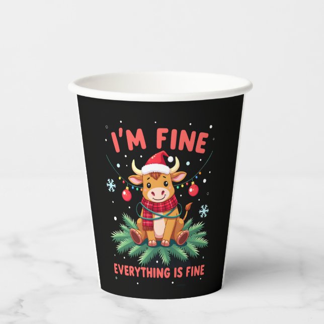 I'm Fine Everything is Fine Christmas Highland Cow Paper Cups (Front)
