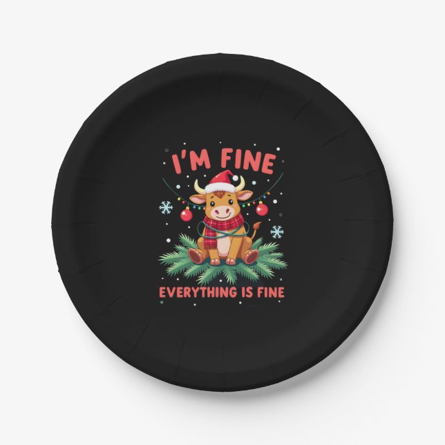 I'm Fine Everything is Fine Christmas Highland Cow Paper Plate (Front)