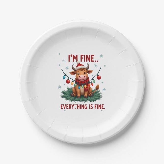 I'm Fine Everything is Fine Christmas Highland Cow Paper Plate (Front)