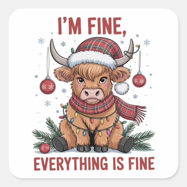 I'm Fine Everything is Fine Christmas Highland Cow Square Sticker (Front)