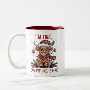 I'm Fine Everything is Fine Christmas Highland Cow Two-Tone Coffee Mug