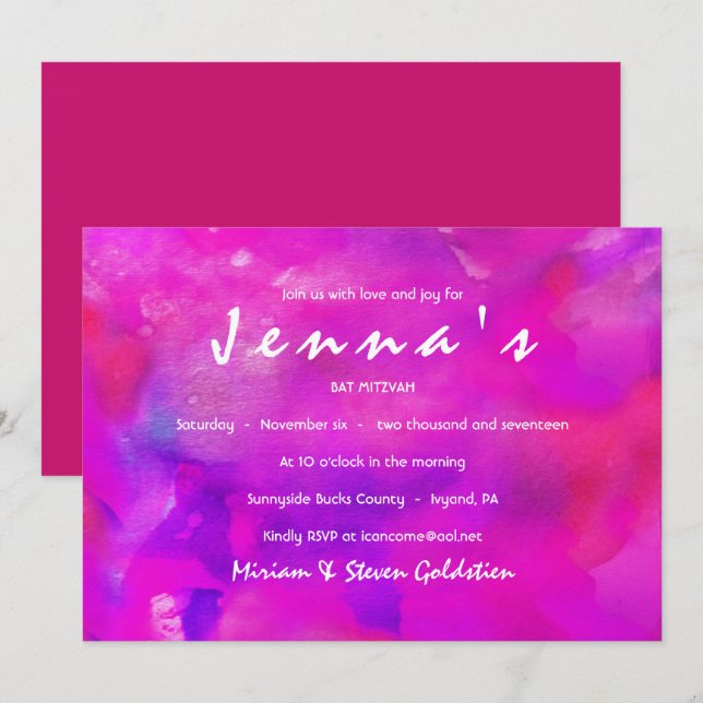 I'M FUSHIA WATERCOLOR  Bat Mitzvah Invitation (Front/Back)