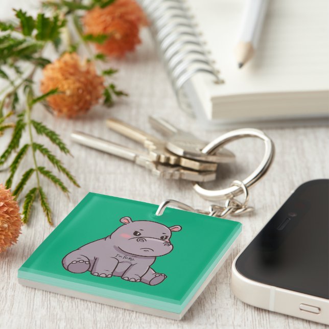 "I'm fussy." Cartoon, Cute Pouting Hippo Key Ring (Front Right)