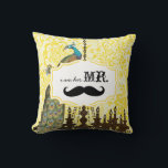 I'm Her Mr. Vintage Floral Mustache Peacock Pillow<br><div class="desc">Lemon Zest Yellow Vintage Floral Country Chic Swirly Peacock I am Her Mr. The 2nd Anniversary is the Cotton Anniversary which symbolizes the Natural Growth of all the adaptability, versatility and purity (when nurtured just like plants) takes place in that romantic 2 years between Newlyweds as they transform into a...</div>