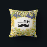 I'm Her Mr. Yellow Purple Moustache Peacock Pillow<br><div class="desc">Bistro Style Aesthetic Moustache Lemon Zest and Purple Lavender Vintage Floral Country Chic Swirly Peacock I am Her Mr. You can Personalise this Beautiful Elegant Vintage Elements Purple, Yellow Green and Black Peacock Pillow to say anything you like or use the existing Mr. for the Groom/Husband or Buy two one...</div>