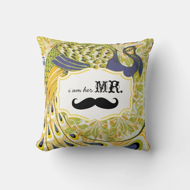I'm Her Mr. Yellow Purple Moustache Peacock Pillow (Front)