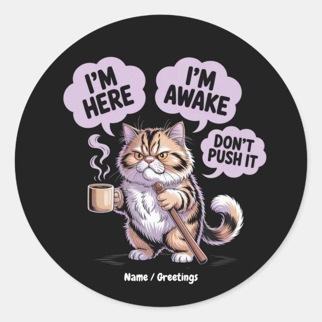 I'm Here I'm Awake Don't Push It Funny Old Cat Classic Round Sticker (Front)