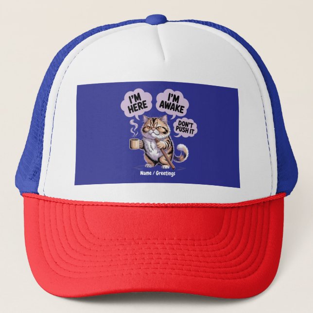I'm Here I'm Awake Don't Push It Funny Old Cat Trucker Hat (Front)