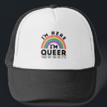 I'm Here I'm Queer Gay Pride Month Rainbow Trucker Hat<br><div class="desc">I'm Here I'm Queer design for men or women who are gay,  lesbian,  transsexual,  bisexual or queer.  Artwork with rainbow graphic is perfect to show gay pride during Pride Month.  Great LGBTQ design for gay pride parade,  protest or rally.</div>