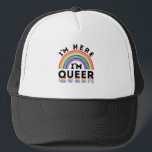 I'm Here I'm Queer Gay Pride Month Rainbow Trucker Hat<br><div class="desc">I'm Here I'm Queer design for men or women who are gay,  lesbian,  transsexual,  bisexual or queer.  Artwork with rainbow graphic is perfect to show gay pride during Pride Month.  Great LGBTQ design for gay pride parade,  protest or rally.</div>