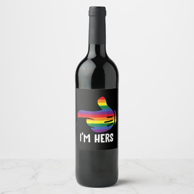 I'm Hers Rainbow Lesbian Couple Funny LGBT Pride M Wine Label (Front)