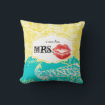 I'm his Mrs. Red Lips Vintage Floral Peacock Cushion<br><div class="desc">I'm his Mrs. Red Lips Lemon Zest Yellow and Turquoise Aqua and Red Vintage Asian Inspired Peacock Floral Damask Pattern. You can Personalise this Pillow to say anything you like or use the existing Mrs.for the Bride/Wife or Buy two one for each Mr & Mrs Newlyweds. The 2nd Anniversary is...</div>