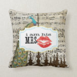 I'm His Mrs. Vintage Sheet Music Moustache Peacock Cushion<br><div class="desc">Vintage Floral Country Chic Antique Sheet Music Overlay Elegant Peacock Bistro Style Aesthetic "I am His Mrs". The 2nd Anniversary is the Cotton Anniversary which symbolises the Natural Growth of all the adaptability, versatility and purity (when nurtured just like plants) takes place in that romantic 2 years between Newlyweds as...</div>