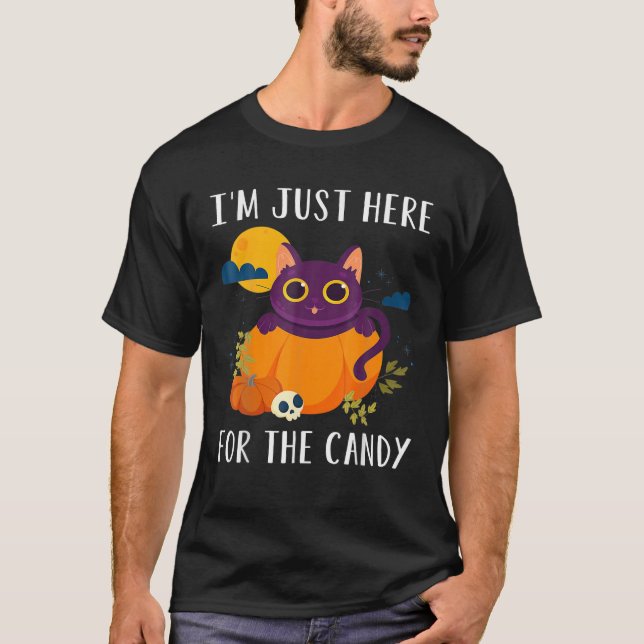 I'm Just Here For The Candy Witch Halloween Cat T-Shirt (Front)