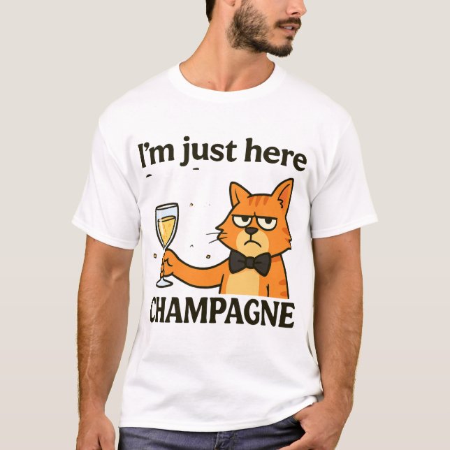 I'm Just Here for the Champagne – Grumpy Party Cat T-Shirt (Front)