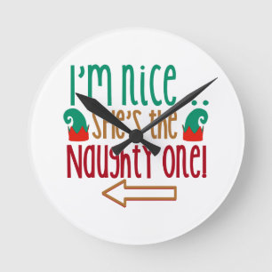 Im Nice Shes Naughty Elf Hat Round Clock