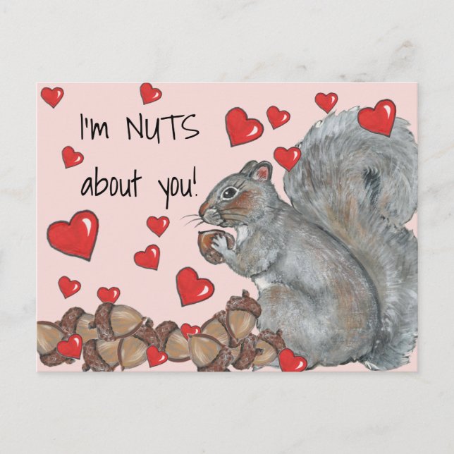 I'm Nuts About You Cute Squirrel, Hearts Valentine Holiday Postcard (Front)