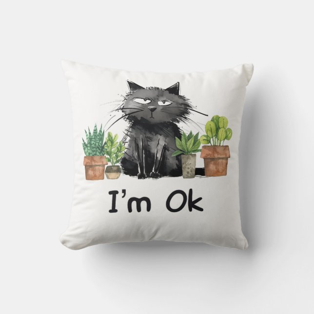 i'm ok funny black cat with plants cushion (Front)