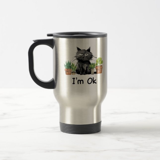 i'm ok funny black cat with plants travel mug (Left)