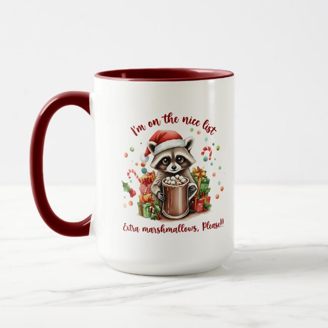 "I'm On The Nice List" Raccoon Christmas Mug (Left)