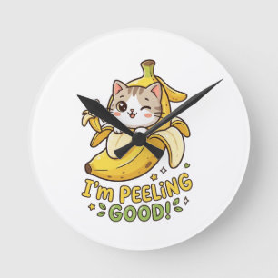 I'm Peeling Good - Funny Kawaii Banana Cat Pun Round Clock