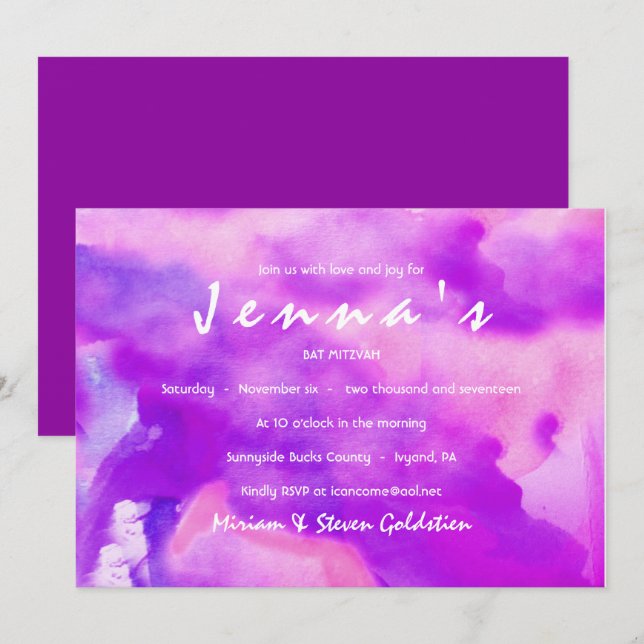 I'M PURPLE WATERCOLOR  Bat Mitzvah Invitation (Front/Back)