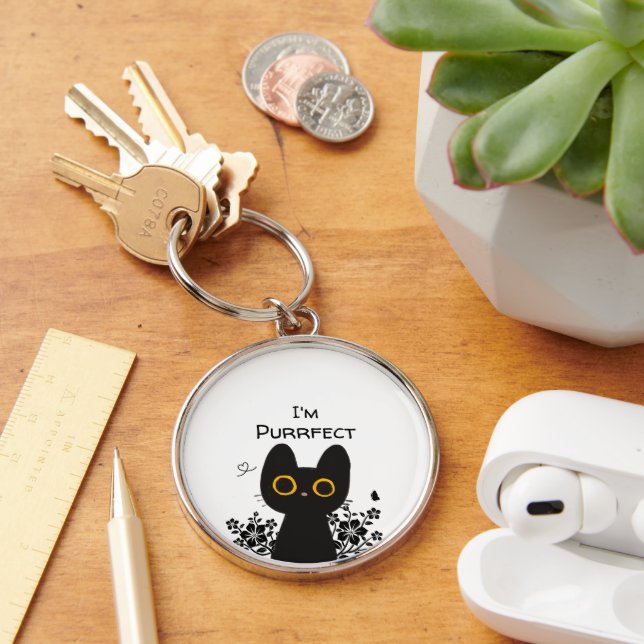 I'm Purrfect Cute Black Cat Keychain (Desk)