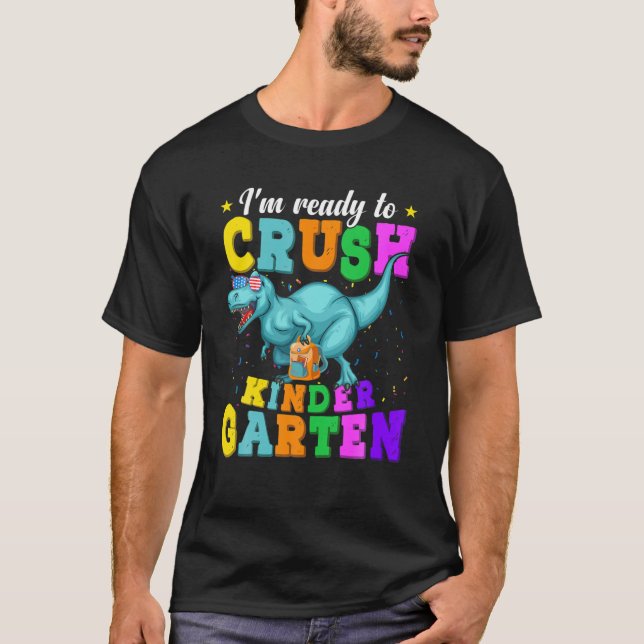 I'm Ready To Crush Kindergarten Dinosaur USA Flag T-Shirt (Front)