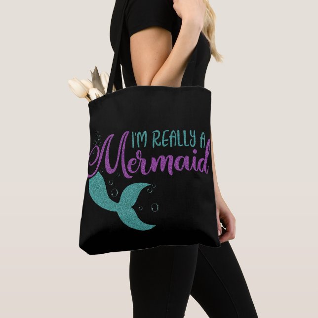 I'm really a Mermaid Purple Teal Glitter Texture Tote Bag (Close Up)