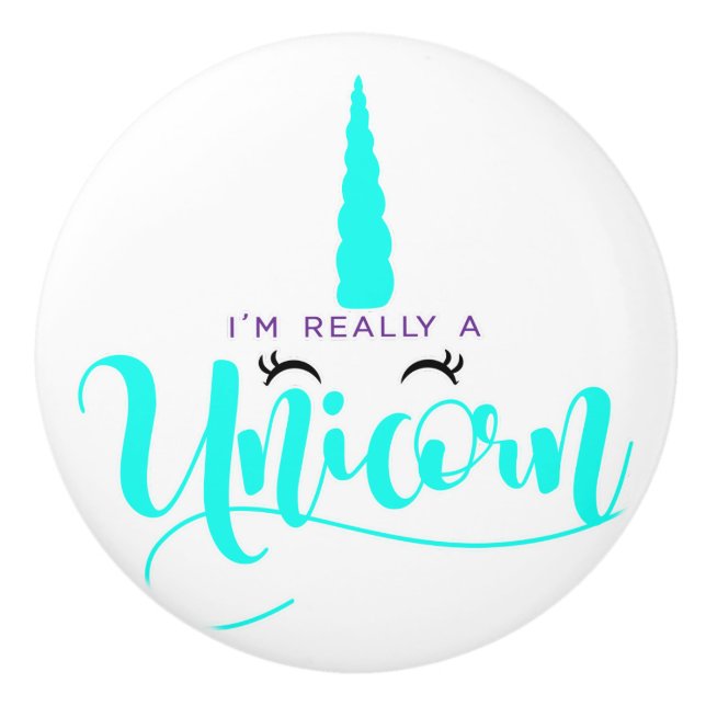 I'm really a unicorn aqua blue magical horn ceramic knob (Front)