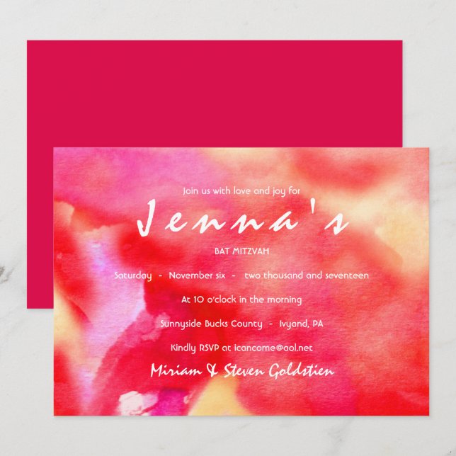 I'M RED WATERCOLOR  Bat Mitzvah Invitation (Front/Back)