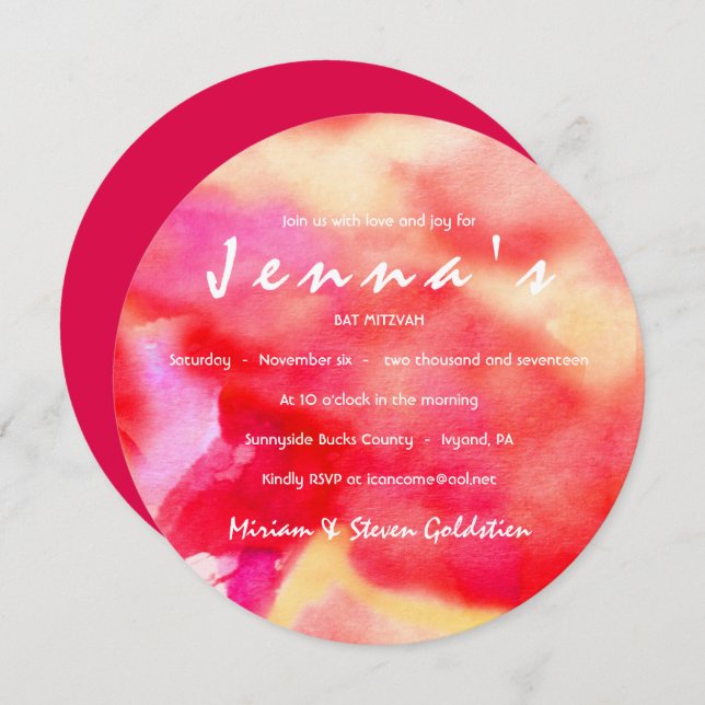 I'M RED WATERCOLOR  Bat Mitzvah Invitation (Front/Back)