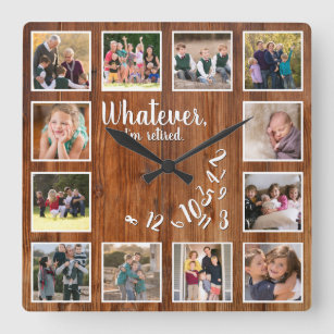 I'm Retired Photo Collage Rustic Wood Retirement Square Wall Clock