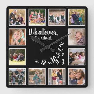 I'm Retired Rustic Wood Retirement Photo Collage Square Wall Clock