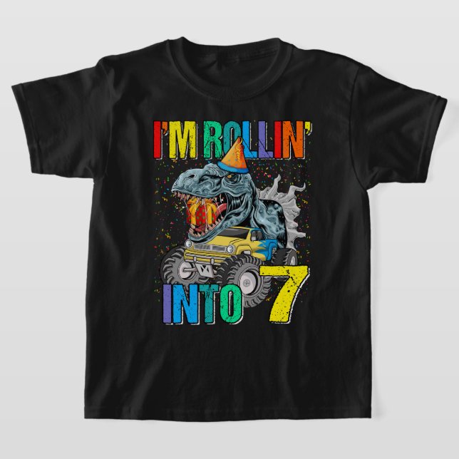 I'm Rollin' into 7 Monster Truck 7th Birthday Shir T-Shirt (Laydown)