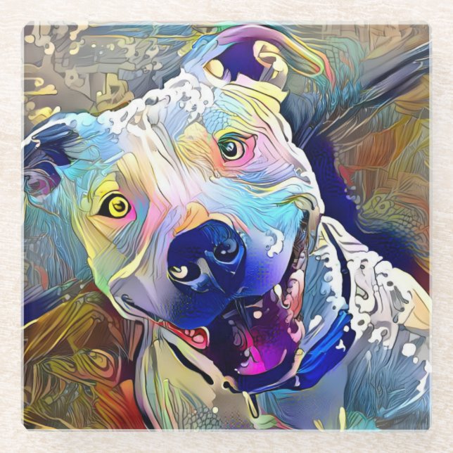 I'm So Colorful! Pitbull Dog Glass Coaster (Front)