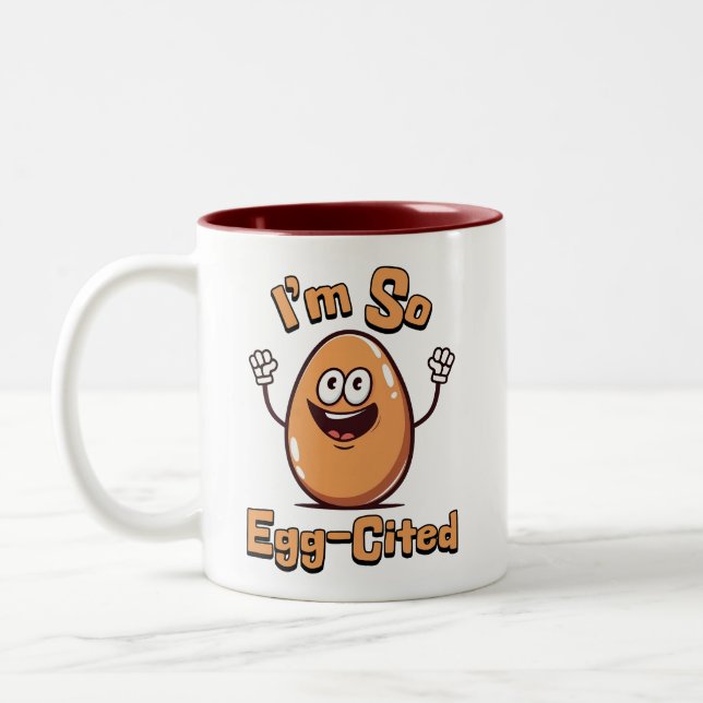 I'm So Egg-cited! Cute and punny egg cartoon Two-Tone Coffee Mug (Left)