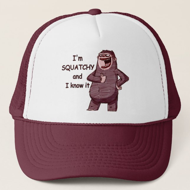 I'M SQUATCHY AND I KNOW IT - Funny Bigfoot Logo Trucker Hat (Front)