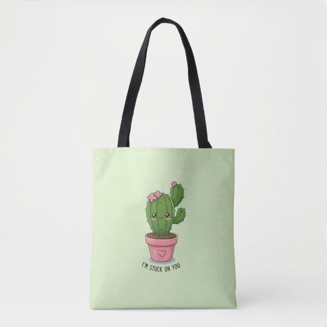 I'm Stuck on You: Cute Cactus Valentine's Day Tote Bag (Front)