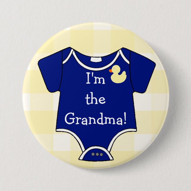 I'm The Grandma Navy Blue on Yellow Gingham 7.5 Cm Round Badge (Front)