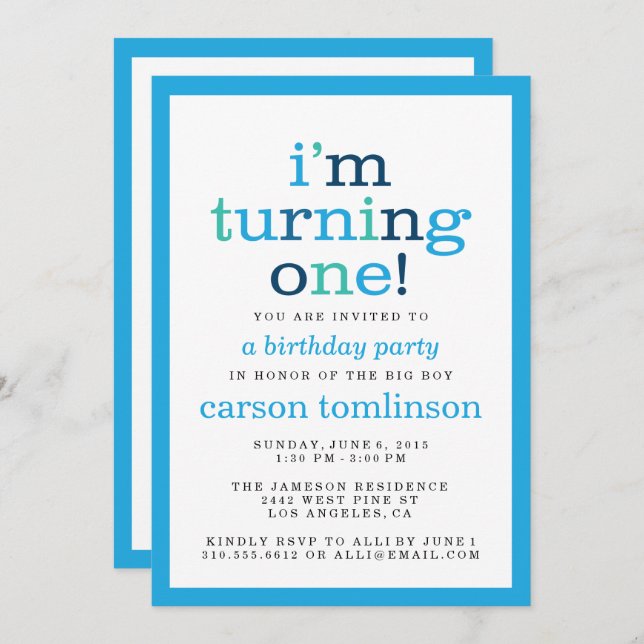 I'm Turning One! Blue Modern First Birthday Party Invitation (Front/Back)