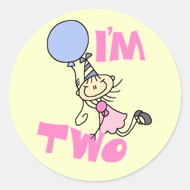 I'm Two Stick Figure Girl Birthday T-shirts Classic Round Sticker (Front)