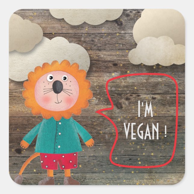 I'M VEGAN VEGETARIAN SWEET RUSTIC LION CLOWDS SQUARE STICKER (Front)